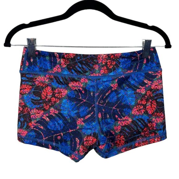 FLEO Red & Blue Tropical Leaf Print Workout Shorts - Picture 3 of 7
